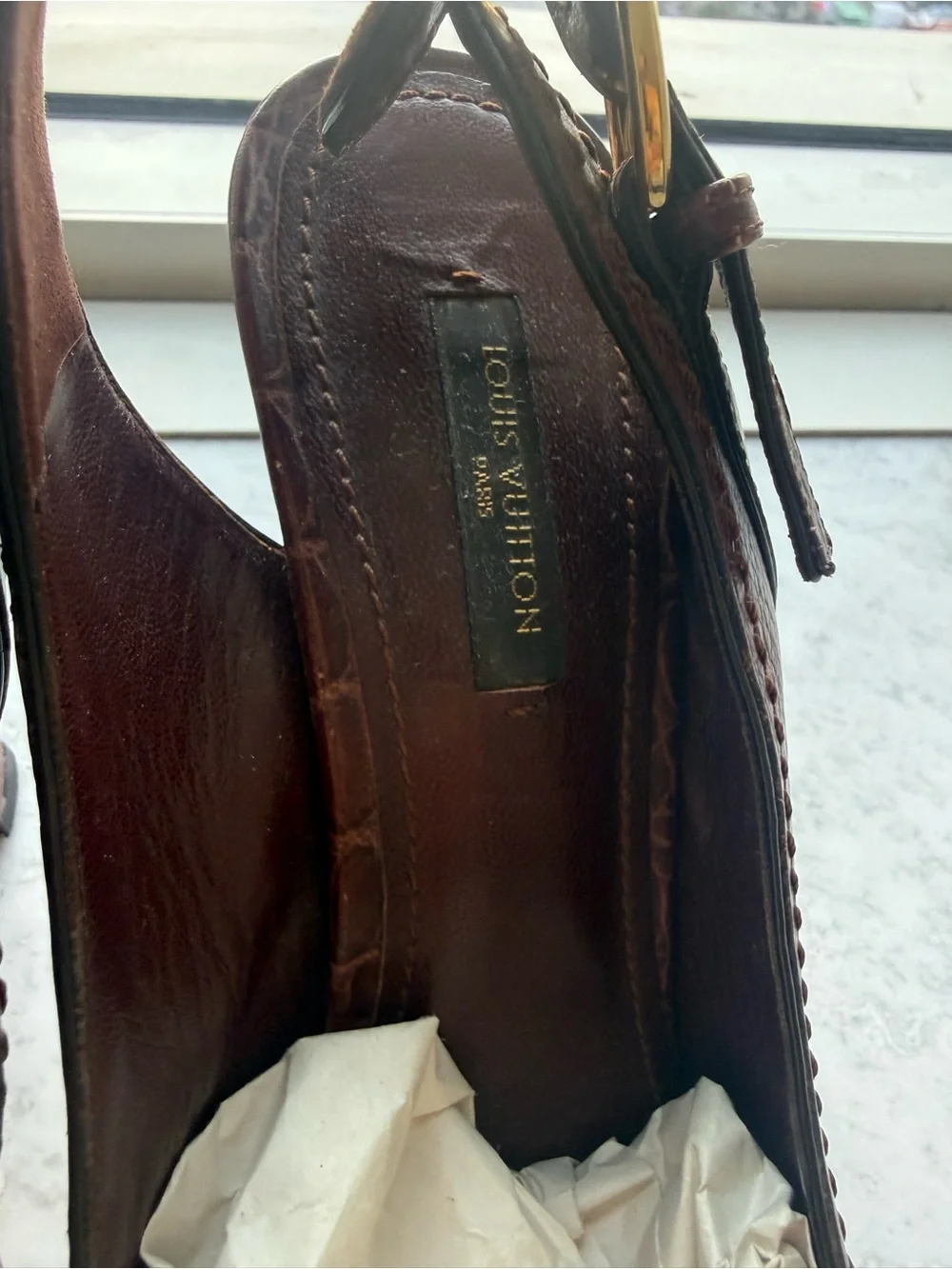Louis Vuitton Burgundy Leather Slingback Heels with Gold Buckle